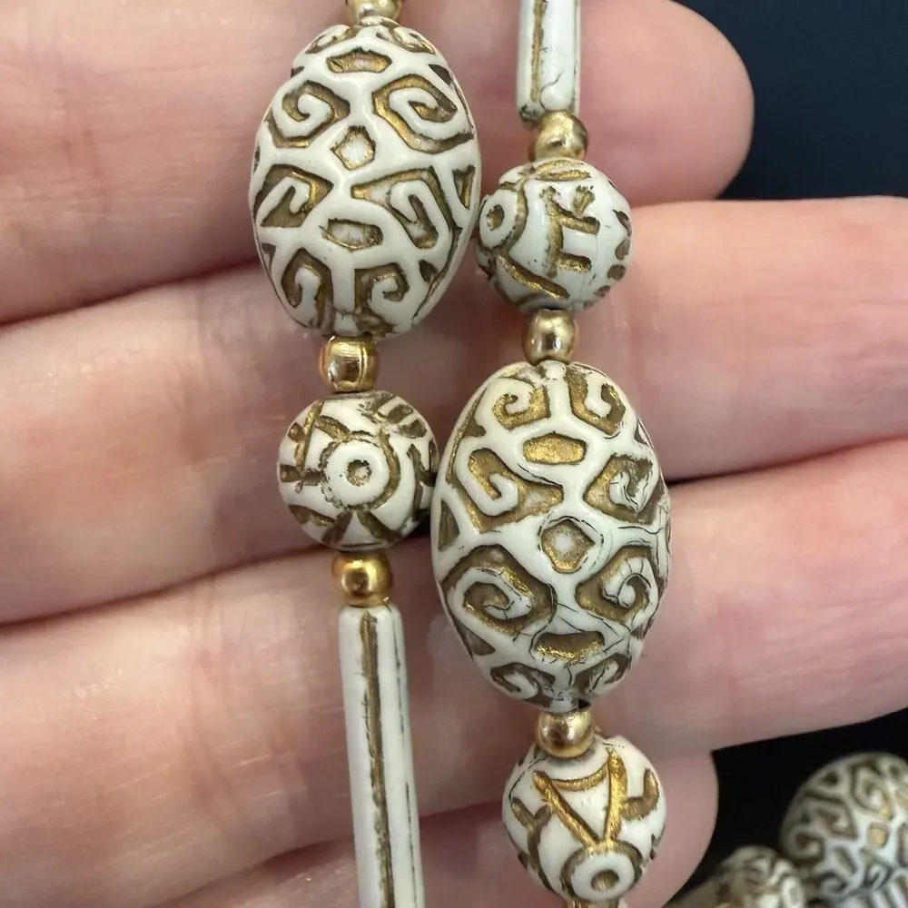 Vintage 1960s Plastic Bead Necklace White Gold Scroll Motif Geometric Tube Beads